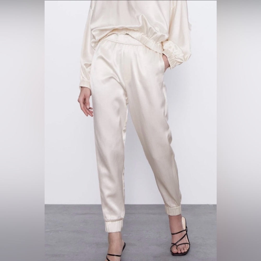 Zara Cream Satin Jogger Pants, XS